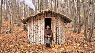 Building Warm Cozy Bushcraft Survival Shelter, Hanging Wood Stove, Oil Сandle, Fried Mushrooms