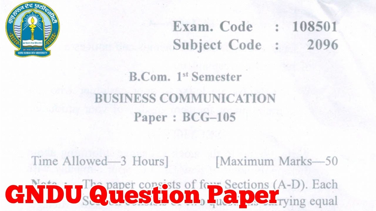 Gndu B.Com 1st Semester Business Communication Question Paper || Bcom ...