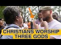 Muslim says christians worship three  Gods  then this happen #speakerscorner #debate