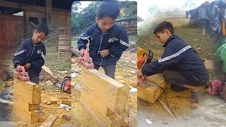 son helps dad make table and life in the countryside@YouTube