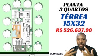 Planta de Casa 3 quartos com semi suítes - Projeto de casa AC15