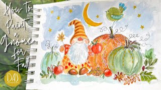 How to Paint a Fall Scene with Gnome and Pumpkins in easy Whimsical Watercolor and Pen and Ink