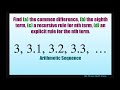 Find common difference, 8th term, recursive and explicit rule for {3, 3.1, 3.2, 3.3 …}