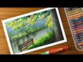 Oil pastel Landscape drawing / Nature- Trees- lake- park- scenery- step by step