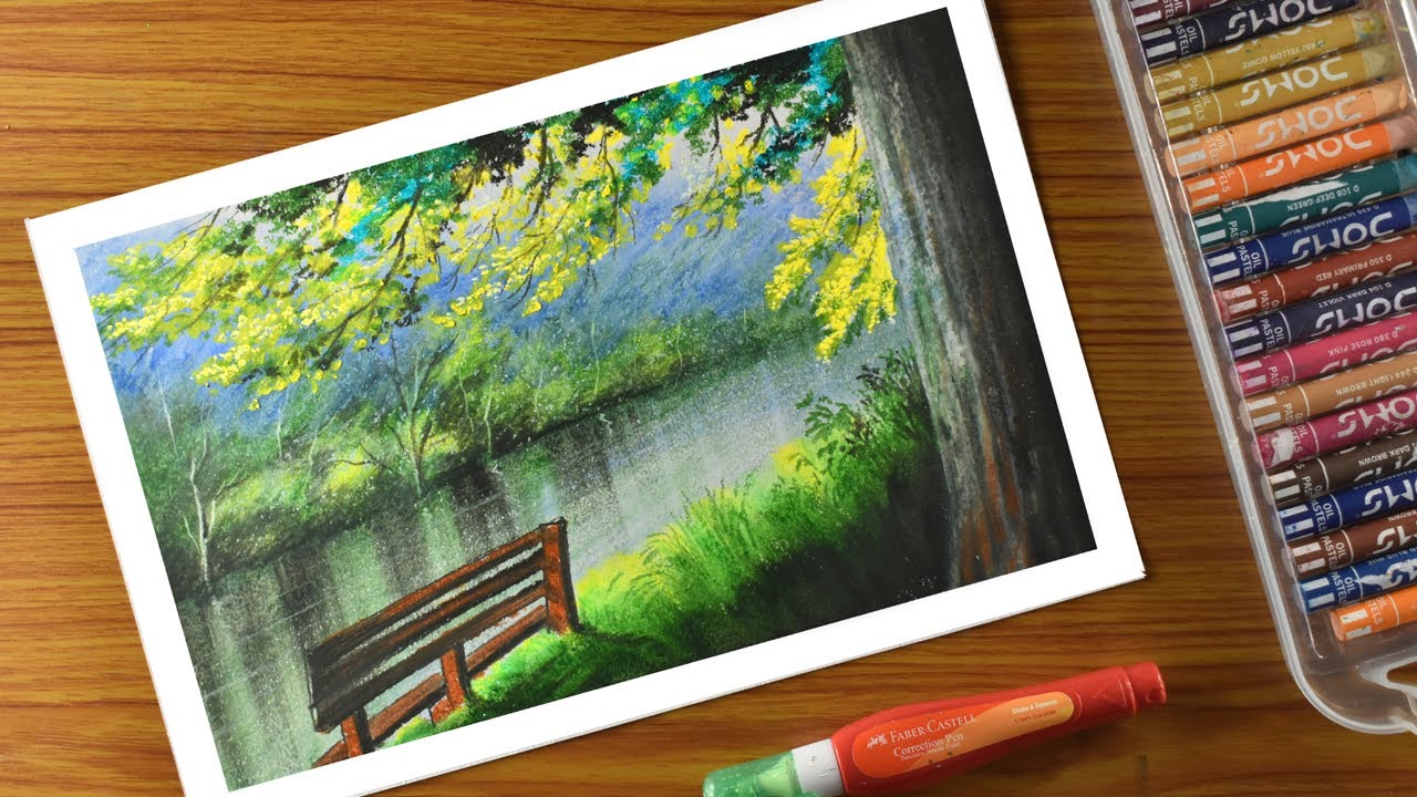 Oil Pastel Landscape Drawing / Nature- Trees- Lake- Park- Scenery- Step ...