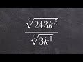 Using the quotient rules of radicals to help divide the 4th root of two radical expression