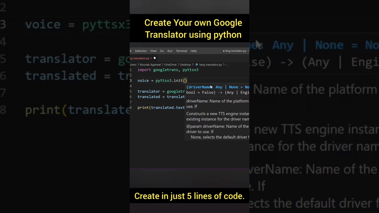 Create your own Google translator using 5 lines of Python Code #shorts #python #googletranslate
