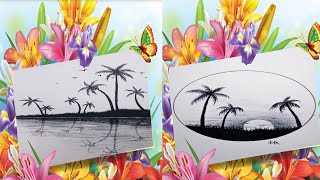 How To Draw Sunset And Coconut Tree Using Only One Pencil