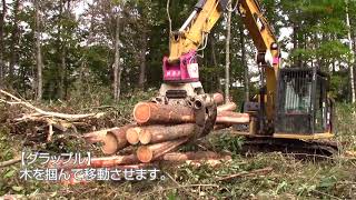 ハーベスタとグラップルの作業の様子