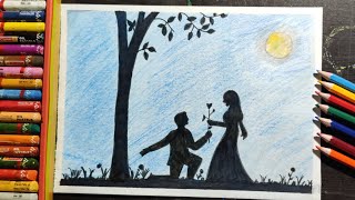 How to draw scenery of Moonlight with romantic love || Valentines Day Drawing