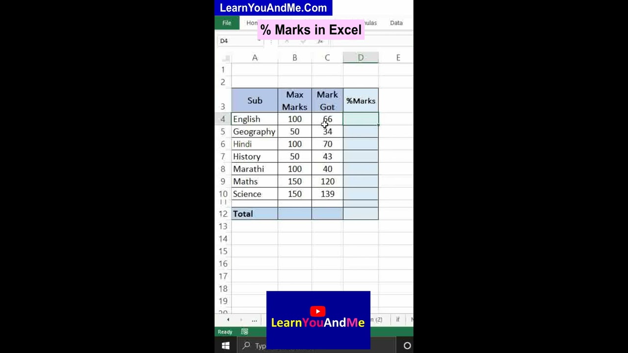 Excel formula to calculate percent mark in a subject Marks percent in Excel #excelshorts