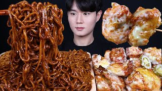 ENG SUB) ASMR BLACK BEAN NOODLES \u0026 SPICY FRIED CHICKEN EATING SOUNDS MUKBANG 짜파게티 치킨 먹방ASMR MUKBANG