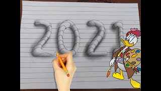3 BOYUTLU 2021 ÇİZİMİ- How to Draw 2021, 3D Drawing Trick Art