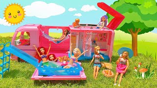 BARBIE DREAM CAMPER - Camping Day With Barbie Chelsea Skiper and Disney Princess Elsa Rapunzel Ariel
