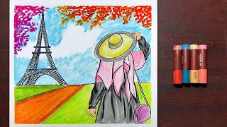 Eiffel Tower Scenery Drawing with Oil Pastels // Oil pastel drawing for beginners