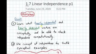 1.7 Linear Independence--Overview (Video 1)