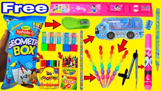 Geometry Box snacks mei mujhe mila Shows Sharpener,Avengers Ruler,5 Eraser, crayons colours,pencils
