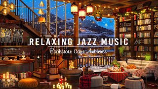 ☕❄ Smooth Jazz Piano Music with Warm Crackling Fireplace at Cozy Winter Bookstore Cafe Shop Ambience