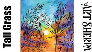 Colorful Sunset with Grass Beginners Learn to paint Acrylic Tutorial Step by Step