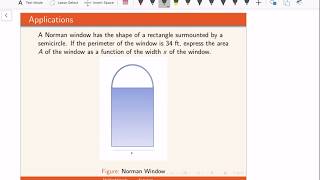 Express the area of the Norman window as a function of the width of the window