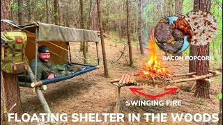 Solo Overnight Building a Suspended Shelter and Pivoting Fire In The Woods and Grilled Bacon Ribeye