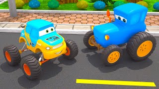 Obstacle Race Blue Tractor vs Monster Truck | Motorville - Car Cartoon for Kids