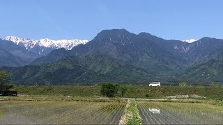 「山笑う」北アルプスと「早苗田」＠のどかな農道　安曇野の風景　 Scenery of Azumino, at the foot of the Northern Alps.