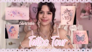 Tattoo tour ˏˋ°•*⁀➷🦋 Whimsical colorful tattoos, meanings, pain scale ˚ ༘♡ ⋆。˚🐱