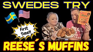 First time!! Swedish couple try Betty Crocker REESE'S Peanut Butter Muffins!