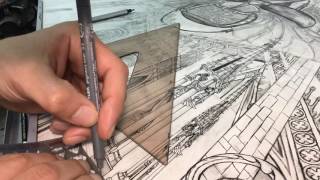 Time lapse Ink Illustration of  Gothic Cathedral Architecture in process