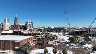 Drone view of Mobile Civic Center roof collapsing under snow