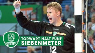 Handball-Torhüter Kristian Saeveras hält gegen Wetzlar FÜNF Siebenmeter in einem Spiel