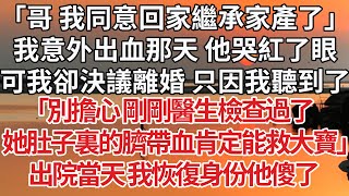 【完結】「哥 我同意回家繼承家產了」我意外出血那天他哭紅了眼，可我卻決議離婚 只因我聽到了，「別擔心 剛剛醫生檢查過了，她肚子裏的臍帶血肯定能救大寶」出院當天 我恢復身份他傻了#婚姻 #豪门 #家庭