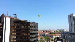 Low flying helicopter on its approach to the hospital in Business Park Vienna