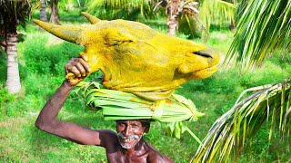 MONSTER WILD BEEF HEAD RECIPE | Cutting and Cooking Beef Head | Traditional Village Food |Grandpa