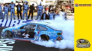 Harvick performs signature burnout, blows out a tire