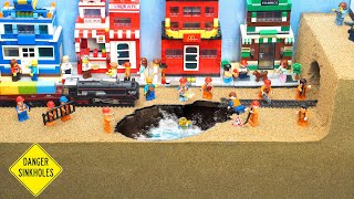Giant Sinkholes Surprise Caused a Lego City Flood Disaster - Lego Dam Breach Experiments