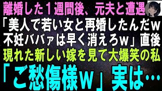 【スカッとする話】離婚した１週間後、私を不妊と見下す元夫と遭遇「美人で若い女と再婚したわｗ不妊ババァはさっさと消えろｗ」直後、現れた新しい嫁を見て大爆笑の私「ご愁傷様ｗ」元夫「え？」実は…【修羅場】