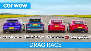 Tesla Model 3 vs I-Pace vs e-tron vs …SUPRA?! - Electric vs Petrol DRAG & ROLLING RACE & BRAKE TEST