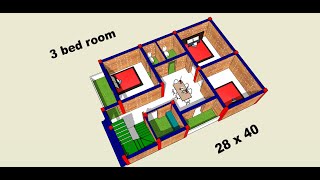 simple 28 x 40 floor plan design II 3 bhk house plan II 28 x 40 village home design