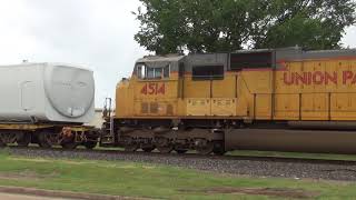 Trains in Navasota,TX. UP track thru downtown.  6/2/18, 0830