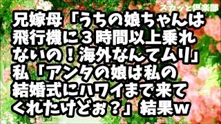 【スカッとする話】兄嫁母「うちの娘ちゃんは飛行機に３時間以上乗れないの！海外旅行なんて非常識！」私「へぇ～アンタの娘は私の結婚式にハワイまで８時間かけて来てくれたけどぉ？」兄嫁母「！」結果ｗ