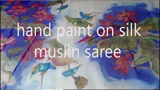 Hand painted pink lotus flowers and kingfisher on silk muslin saree || Silk fabric painting