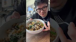 Cooking at home: mushroom broccolini garlic butter pasta for breakfast while working from home