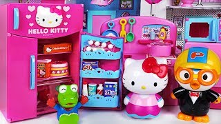 Happy birthday Pororo! Hello Kitty Refrigerator and kitchen toys play - PinkyPopTOY