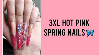 3xl Hot Pink Spring Nails 🦋 | Glitter Tips