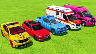 DACIA, VOLVO, VOLKSWAGEN POLICE CARS & MERCEDES AMBULANCE EMERGENCY TRANSPORTING WITH TRUCKS ! FS22