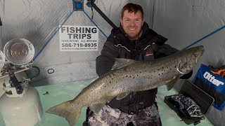 Insane Michigan Atlantic Salmon Ice fishing! DOUBLE UP Atlantic salmon! Lake Huron Salmon Fishing!