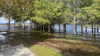 Lakefront Park in Saint Cloud, FL. flooded after Hurricane Ian. Drone and walking footage of Park.