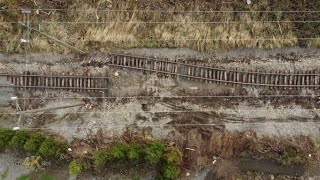 BC: Drone view of broken railway tracks damaged by powerful flood water 12-2-2021